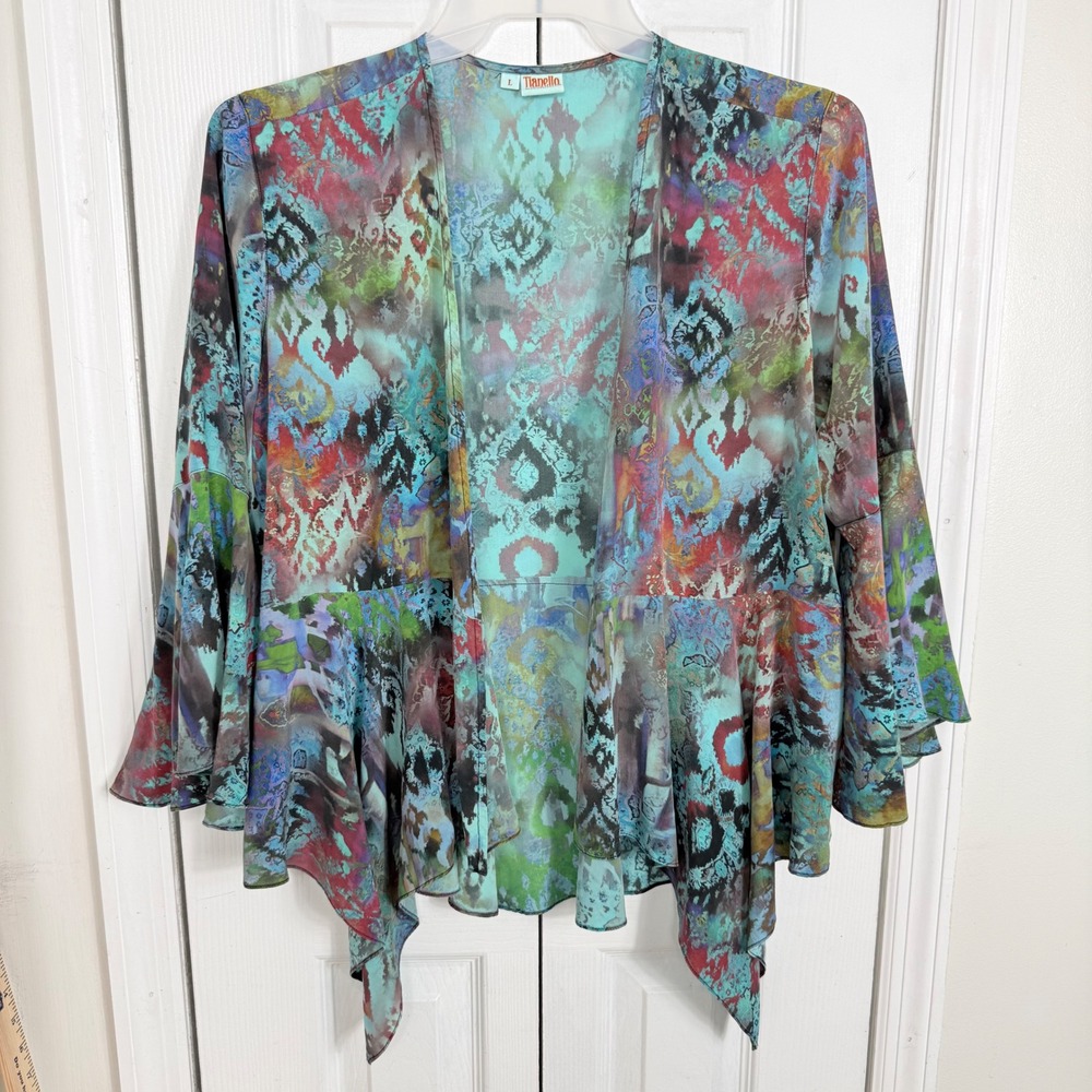 Tianello Kai Kimono Womens L 100% Silk Art To Wear Ikat Boho Watercolor Top